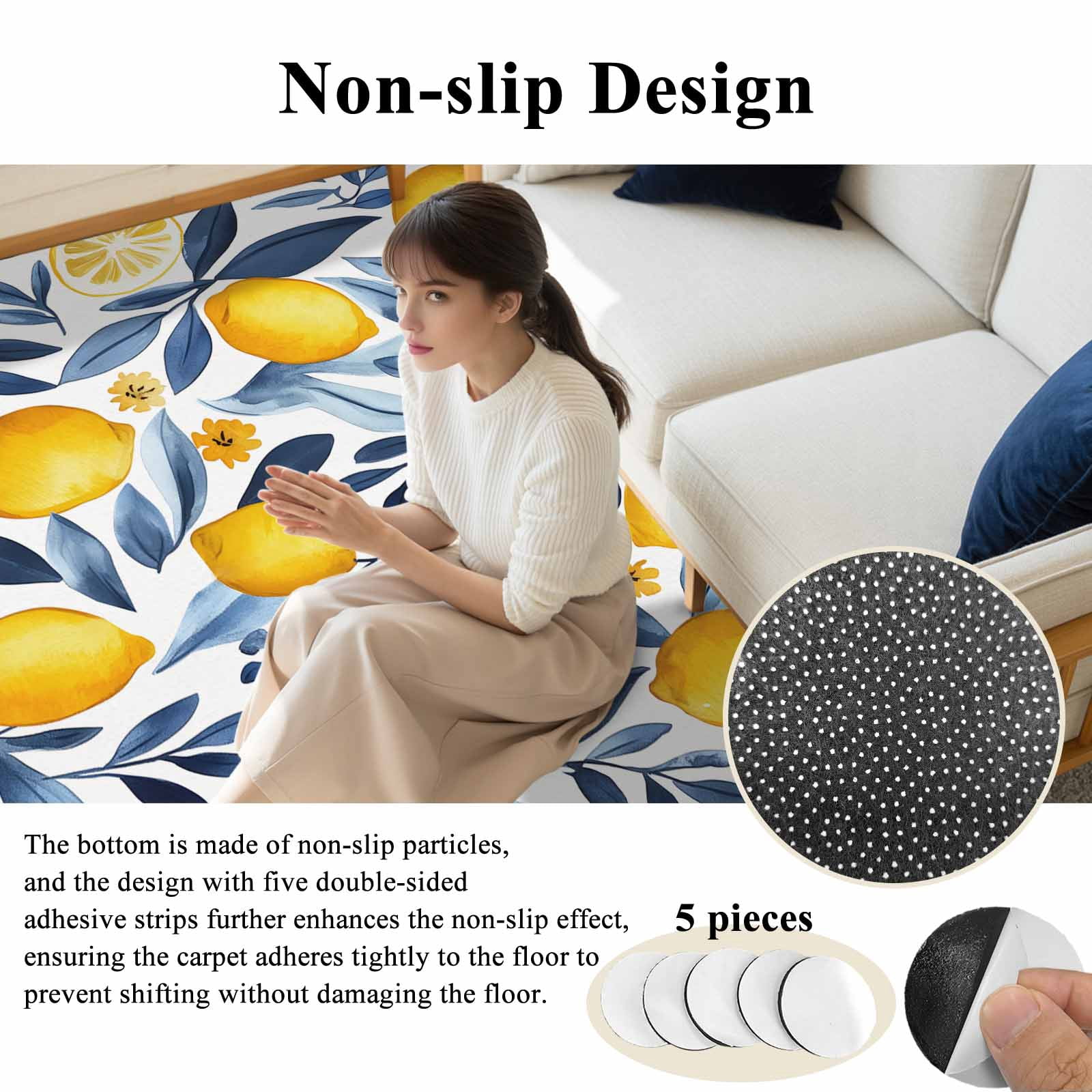 Area Rug 5'x7', Yellow Lemon Non-slip Runner Rug Carpet for Bedside, Blue Flower Leaves Spring Summer Plant Washable Outdoor Indoor Area Rugs Mat for Entryway/Living Room/Bedroom/Kitchen/Office