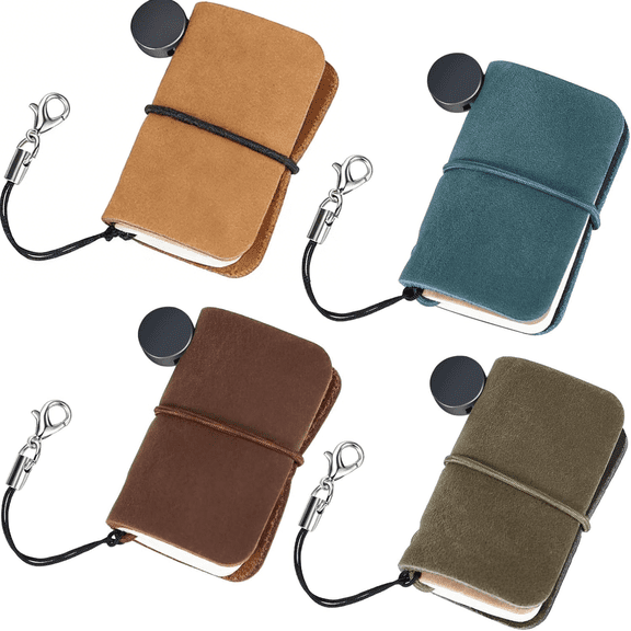 4-piece mini compact journal notebook. Compact pocket notebook suitable for daily travel diary writing. 1.9 x 1.3 inches. Beige, brown, blue, olive green.