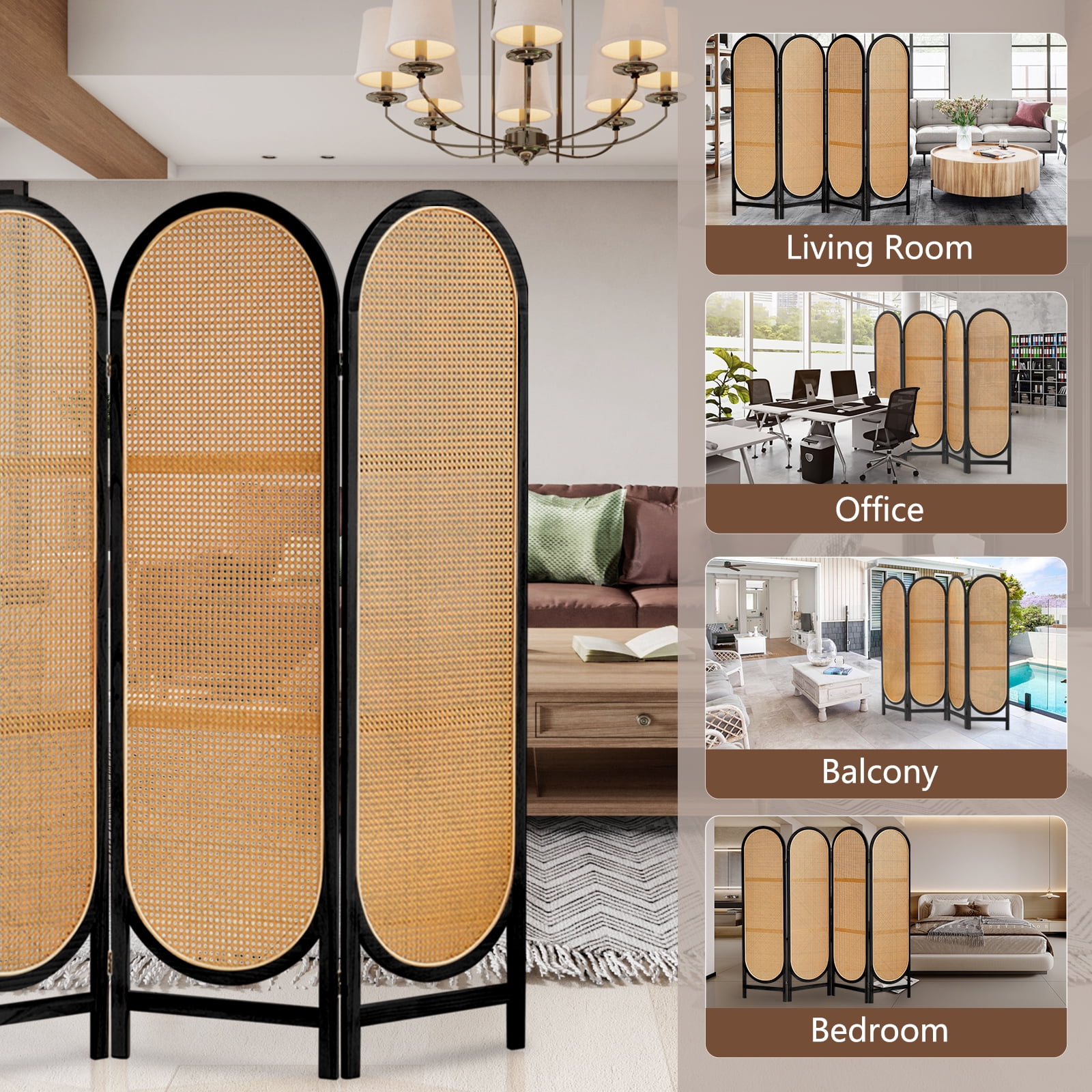 ALeesing 4 Panel Rattan Room Dividers, Folding Privacy Screens, No Installation Required, Black