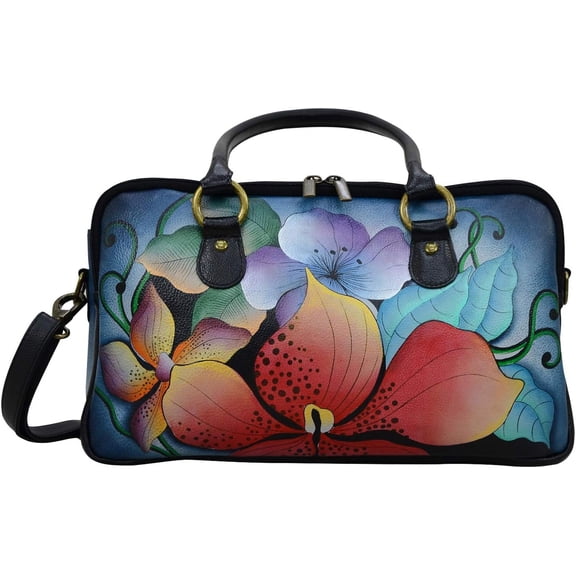 Anna by Anuschka Women's Hand-Painted Genuine Leather Multi Compartment Satchel - Midnight Floral
