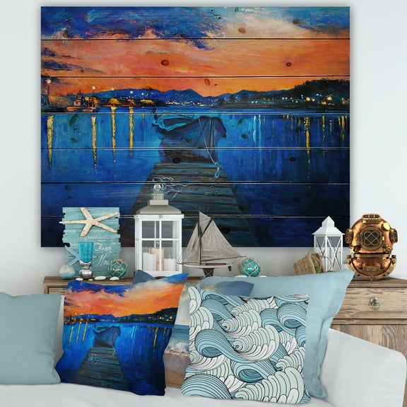 Designart 'Boats During Warm Sunset Resting On The Water III' Nautical & Coastal Print on Natural Pine Wood