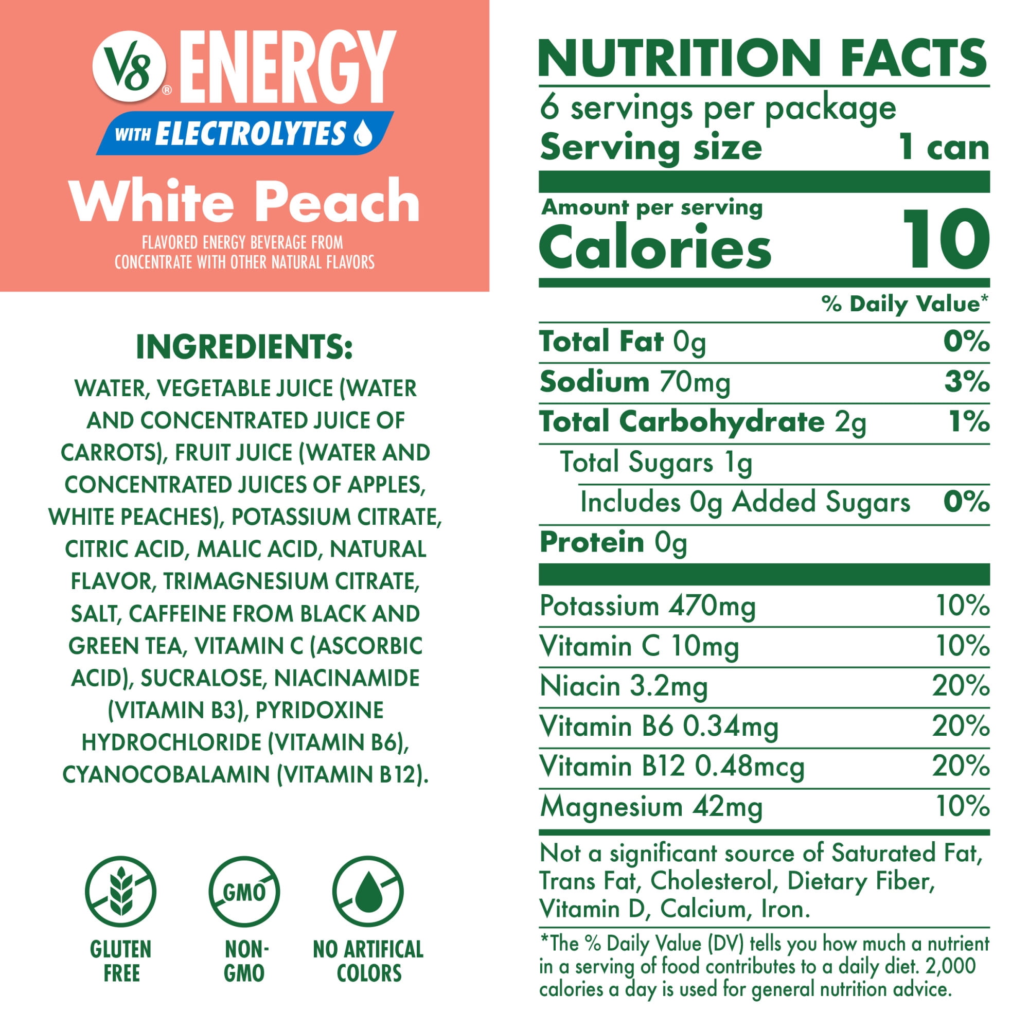 V8 Energy White Peach with Electrolytes Beverage, 8 fl oz Can