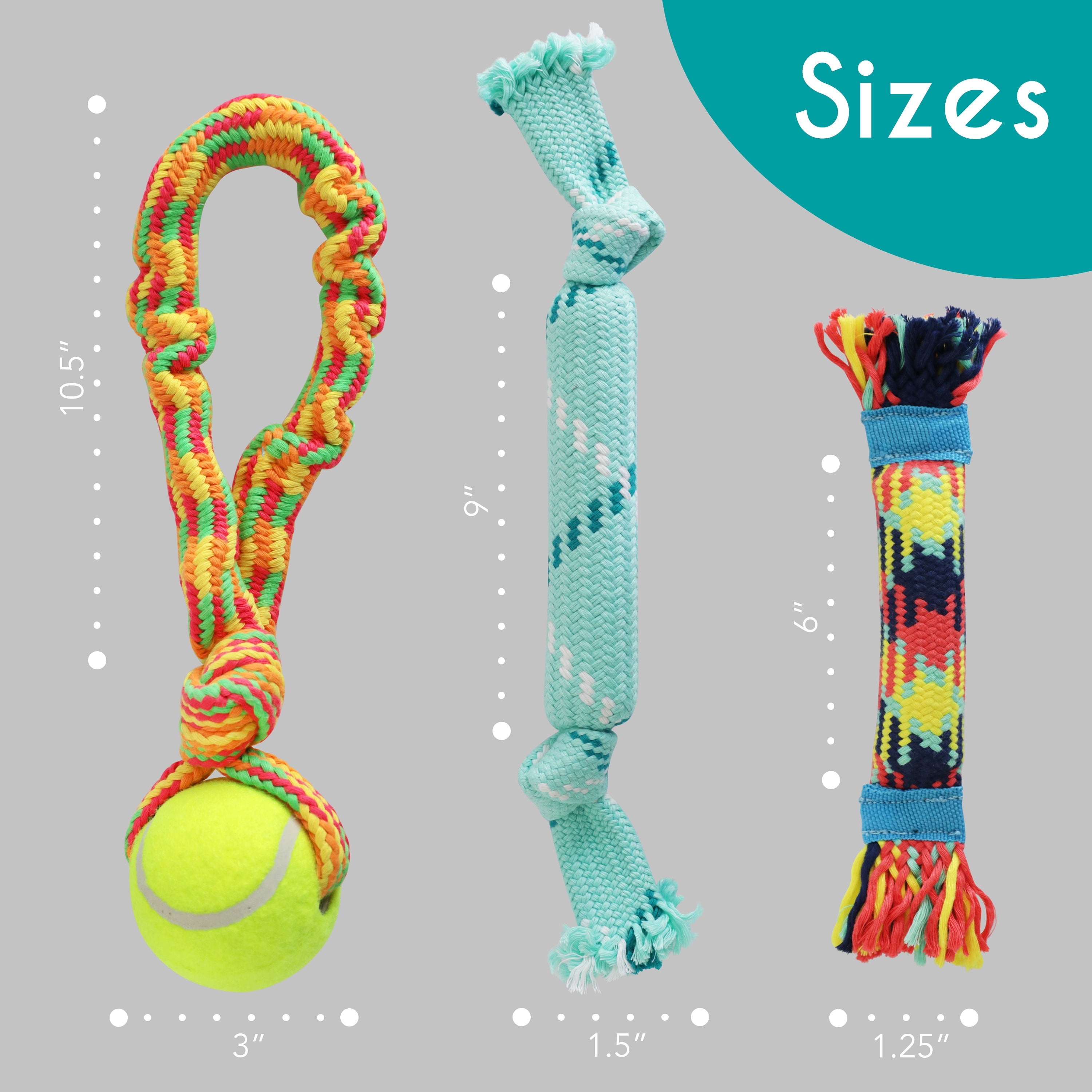 rocket & rex Dog Rope Tug Set for Small to Medium Breeds, Includes Ropes with a Tennis Ball, Natural Rubber Lining & Crackle Lining, Reduces Destructive Chewing & Anxiety (Pack of 3)