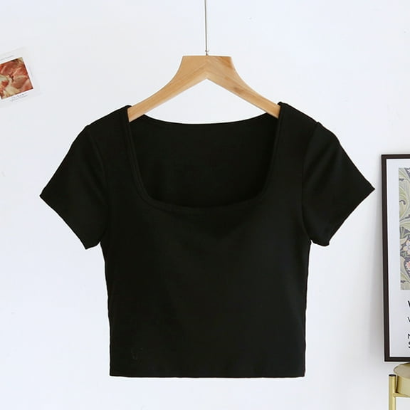 VgaVtl Square Neckline Womens Tee Shirts Short Sleeve Cropped Padded Women's Tops Solid Color Sports Slim Tops,Black S