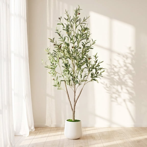 Romswi 5FT Artificial Olive Tree Indoor Realistic Wood Trunk, Fruit and Leave, White Planter, Tall Fake Potted Tree for Living Room Office Home Decor