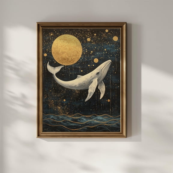 Celestial Whale Wall Art Wall Decor Full Moon Art Deco Dark Ocean Whale Lover Poster UNFRAMED Poster, Wall Art for Decor, Present, 8x12