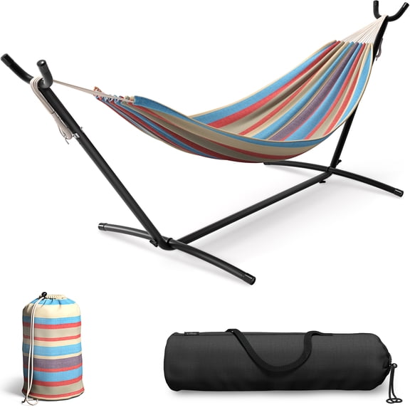 Sorbus 2-Person Hammock with Steel Stand, 60" Cotton Blend, 450lb, Portable Carry Case, Blue/Red