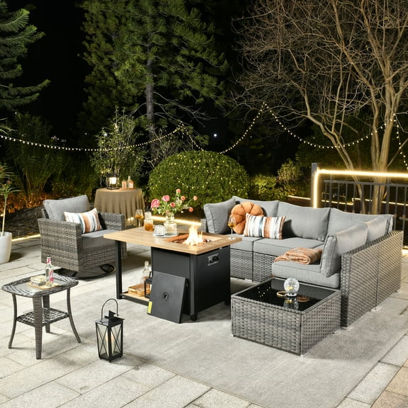 Ovios 8 Pieces Patio Fire Pit Set Outdoor Rattan Sectional Sofa Conversation Set with Swivel Rocking Chair and Side Table,Dark Gray