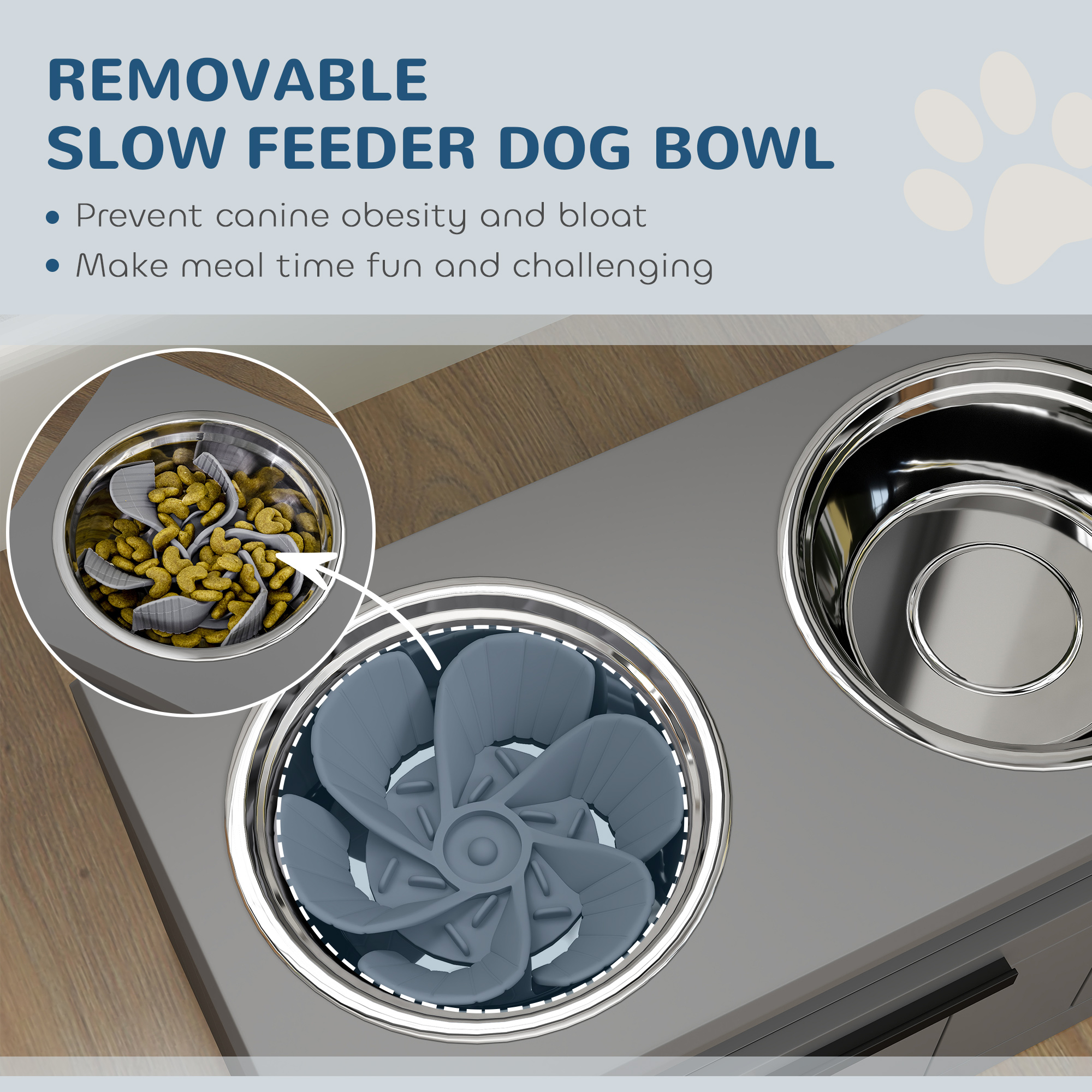 PawHut Elevated Dog Bowls, Raised Dogs Bowl Stand with 2 Stainless Steel Bowls, 25L Storage Drawer and Slow Feeder Mat