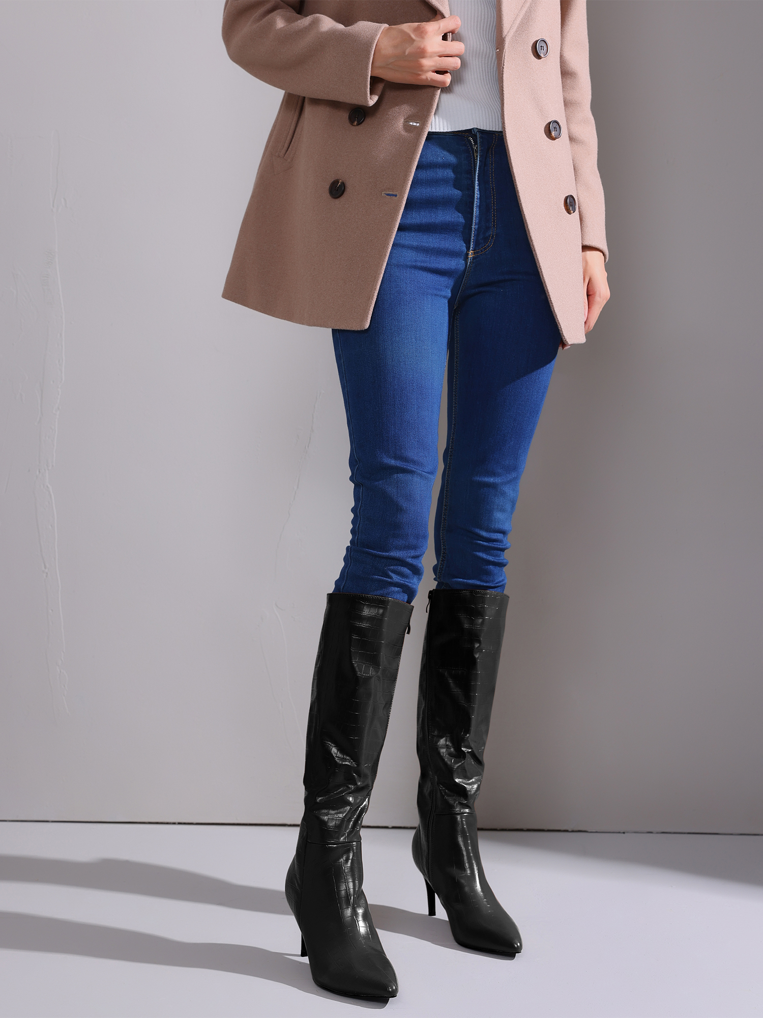 DARING DIVA Women's Stylish Stiletto Heels Knee High Boots with Pointed Toe Black 9.5