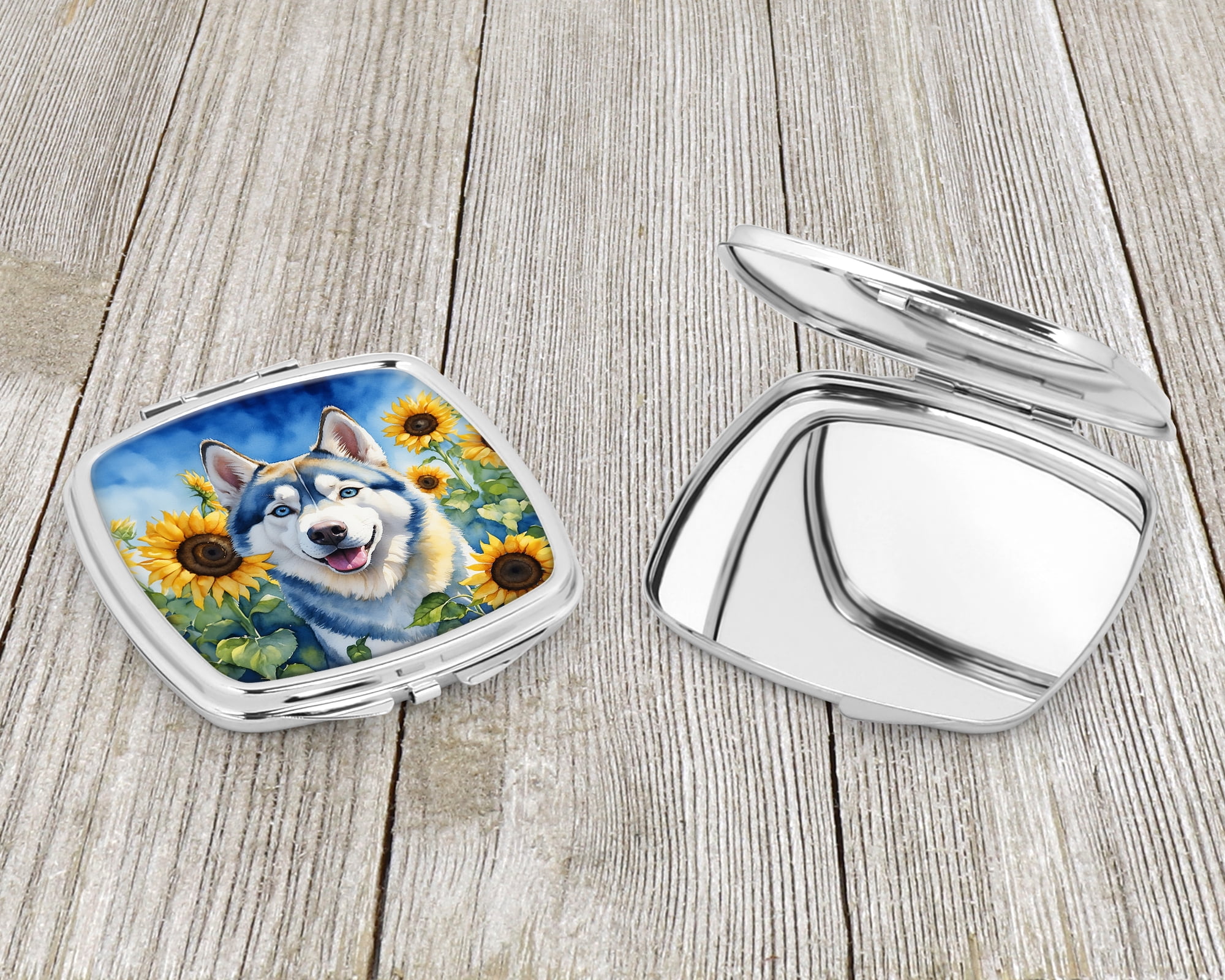 Siberian Husky in Sunflowers Compact Mirror 2.75 in x 3 in