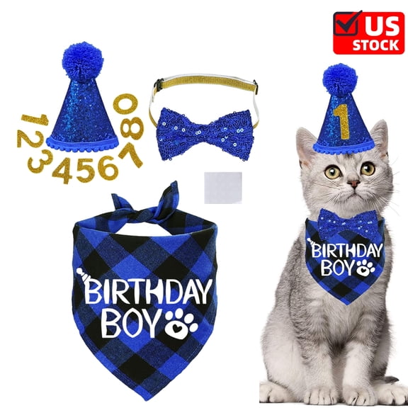 Cat Birthday Party Supplies - Blue, Cat Birthday Hat with Cat Birthday Bandana Bow Tie