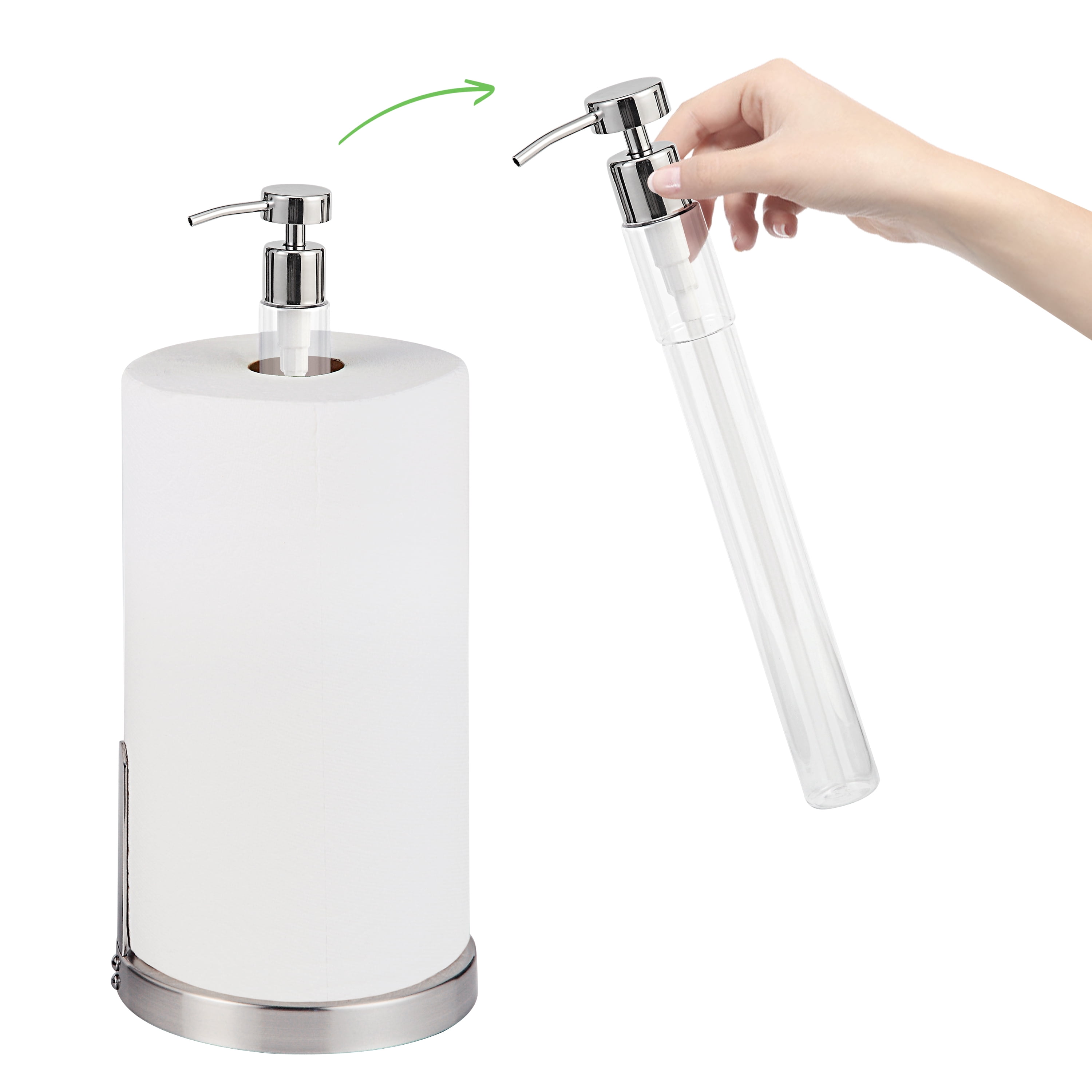 SunnyPoint Heavy Weighted Paper Towel Holder Stand with Built-in Pump Bottle – Satin Nickel