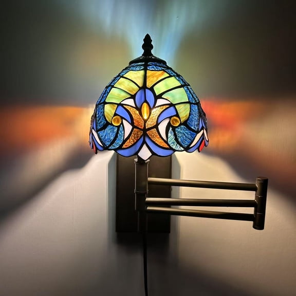 Tiffany Style Sconce Lamp Plug In Swing Arm Blue Green Stained Glass LED Bulb Included 13”W*8”D*15”H