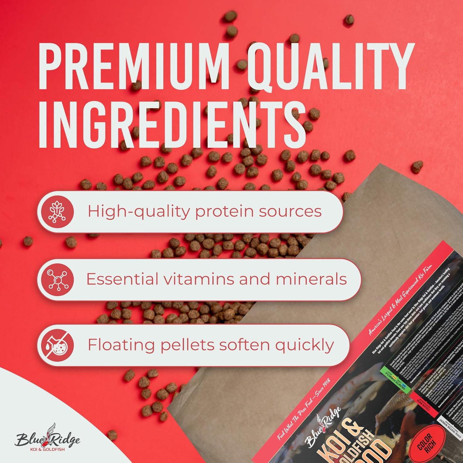 Blue Ridge Koi Fish Food 25lb - Koi Food Color Growth Formula, Goldfish Food, Premium Fish Food for Ponds, Ponds Fish Food, Floating Pond Pellets