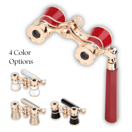 Celectigo 3x25 Classic Foldable Binocular with Handle Retro Design Metal Body Optical Lens Theatre Telescope Sports Game Bird Watching for Adult Women Kids Red-Handle