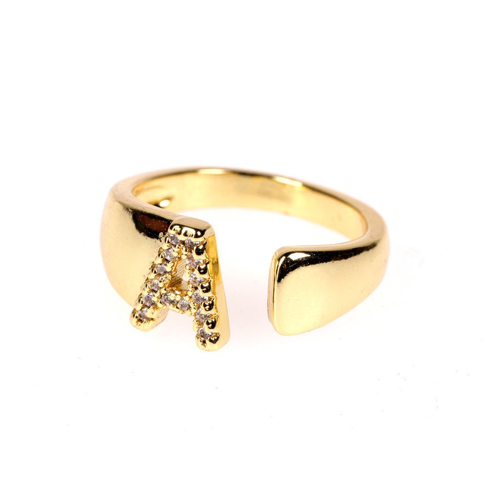 Women Initial Letter Ring Adjustable Gold Plated Diamond Accent Personalized Alphabetical Jewelry Gift For Her