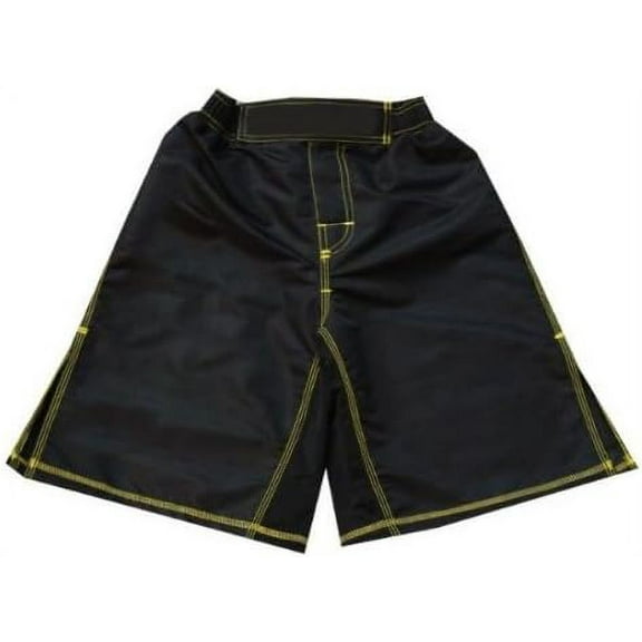 MMA Board Shorts Black with Yellow Stitching M NO Logo Sparring Fitness Gym Equipment Grappling Shorts, Kickboxing Shorts, Fighting Shorts, Muay Thai Training Shorts