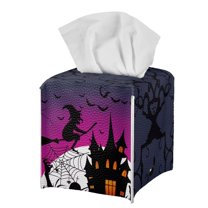 POLERO Leather Tissue Box Cover Square 5.1x5.1x5.5'' Waterproof Tissue Box Holder with Metal Button for Car, Bathroom, Kitchen,Home Decor (Halloween Witch Castle)