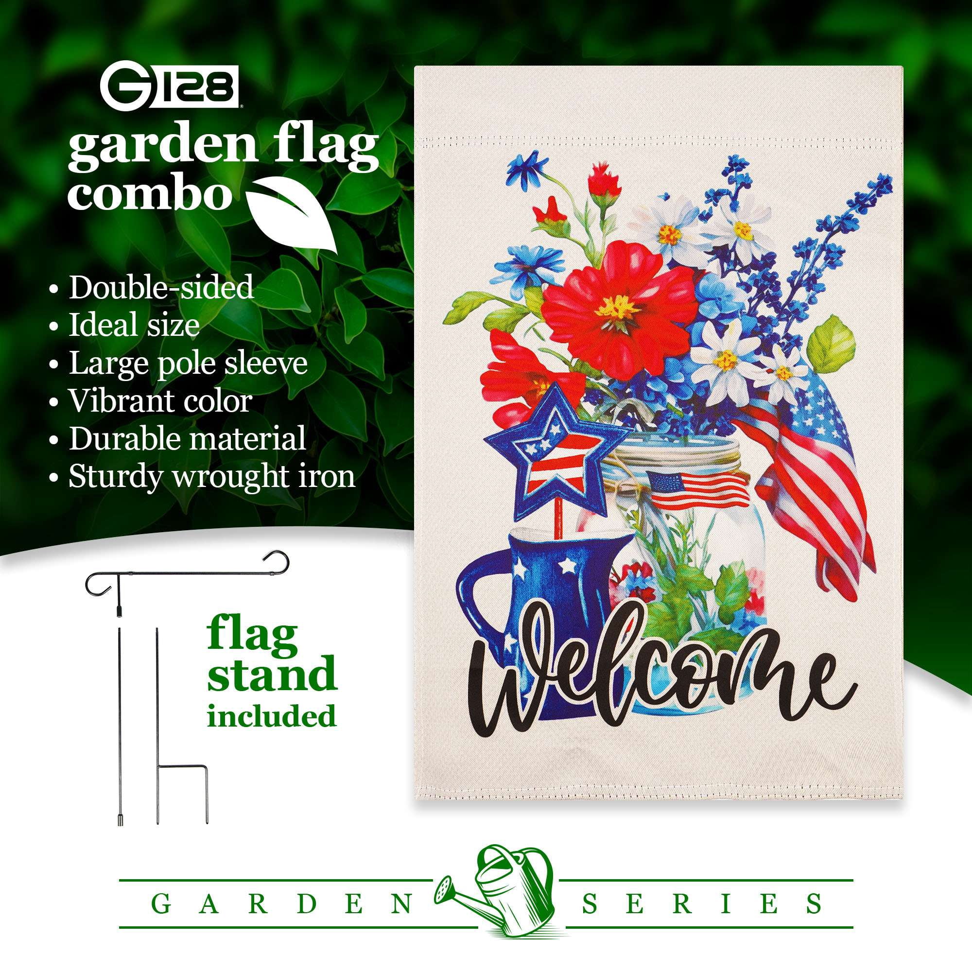 G128 Combo Pack Garden Flag Stand Black 36x16IN & Garden Flag Welcome Patriotic Mason Jar Printed 12x18IN Double Sided Yard Garden Lawn Decoration