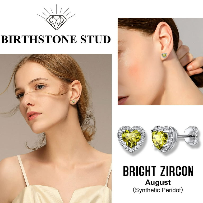 Bestyle Birthstone Stud Earrings for Women Girls 925 Sterling Silver Heart Diamond Studs Earrings Birthday Christmas Gifts August