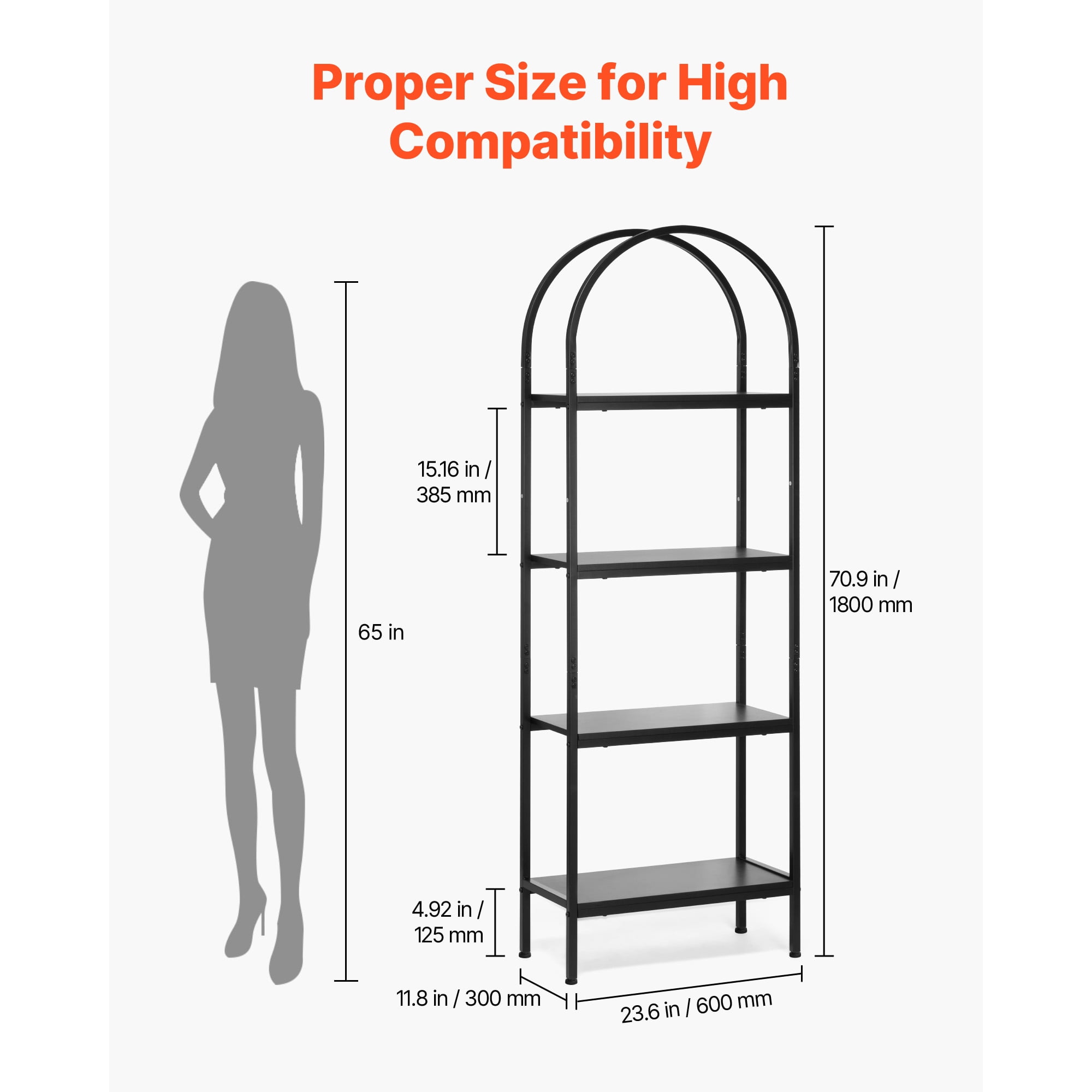 KFFKFF 4-Tier Open Bookshelf with Arched Design, Metal Frame Storage Shelves, Freestanding Industrial Display Rack for Office, Bedroom, or Living Room, Black
