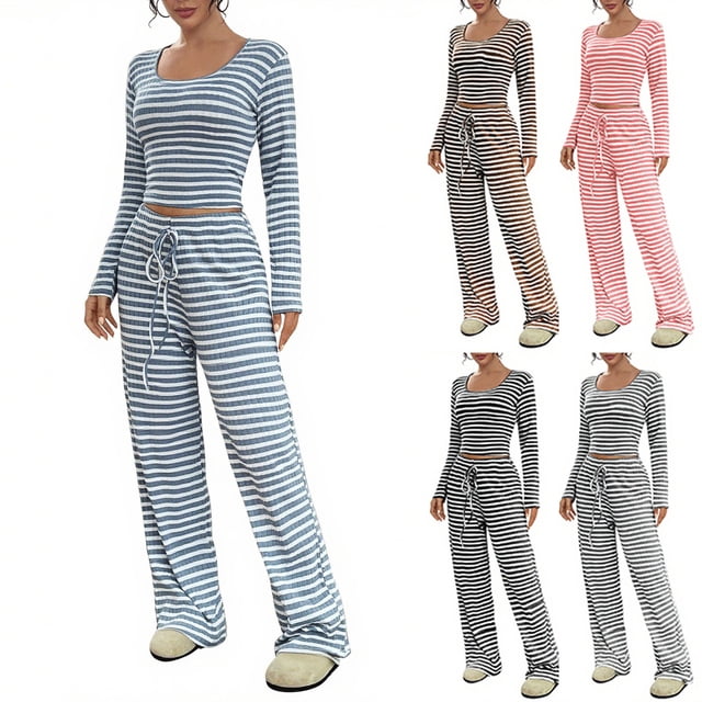 NJDVHB Économies d'Automne Hiver! Ensemble de Détente pour Femmes, Tenues de Nuit pour Dames, Blouse à Rayures Décontractée Col Rond Manches Longues Mode Short Pyjama, Gris, P