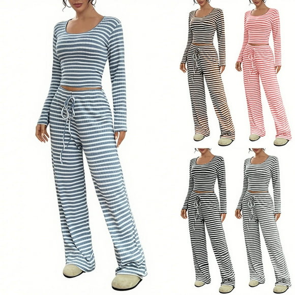 NJDVHB Économies d'Automne Hiver! Ensemble de Détente pour Femmes, Tenues de Nuit pour Dames, Blouse à Rayures Décontractée Col Rond Manches Longues Mode Short Pyjama, Gris, P