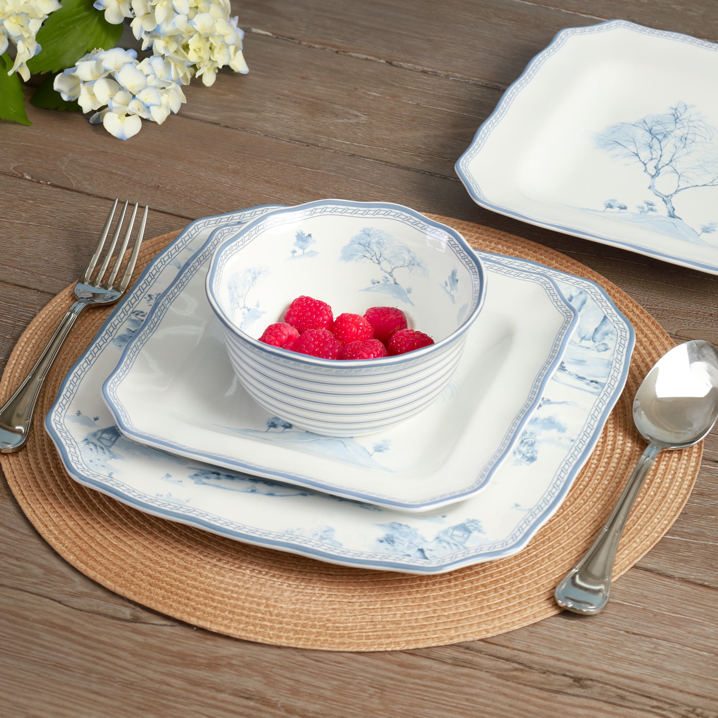 222 Fifth Scenic Toile Blue Porcelain 12-Piece Dinnerware Set