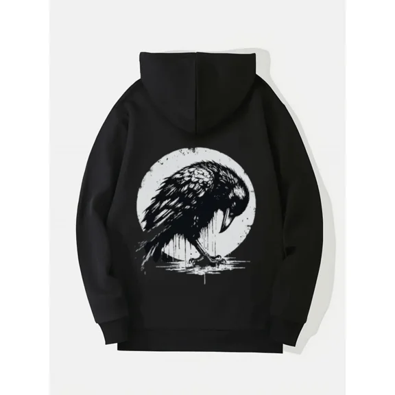 Men's Printed Hooded Solid Color Sweatshirt With Dark Crow And Moon Graphic, Comfortable Soft Long Sleeve Tops Unisex Casual Hoodie