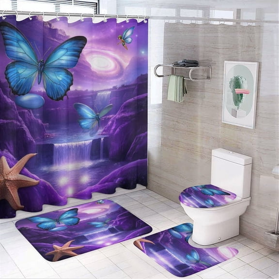Dreamy Purple Butterfly Pattern (92)-1 Shower Curtain Set Modern Bathroom Decor Mats 4pcs Fabric Bathroom Curtain Slip Floor Rug Toilet Lid
