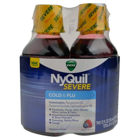 NyQuil Severe Cold and Flu Berry Flavor Nighttime Relief, 2 Pack