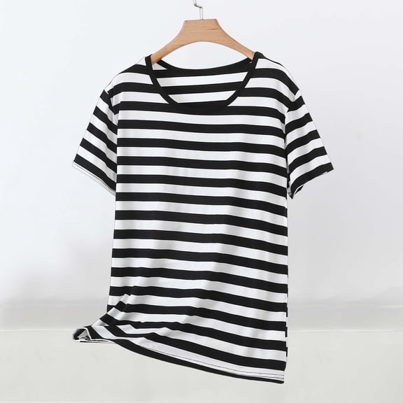 Mifsaly Women Striped Tee Crew Neck Short Sleeve Summer Tops Casual Loose Fit Lightweight Breathable Blouse Versatile Daily Wear Fashion Shirt XXXXXL