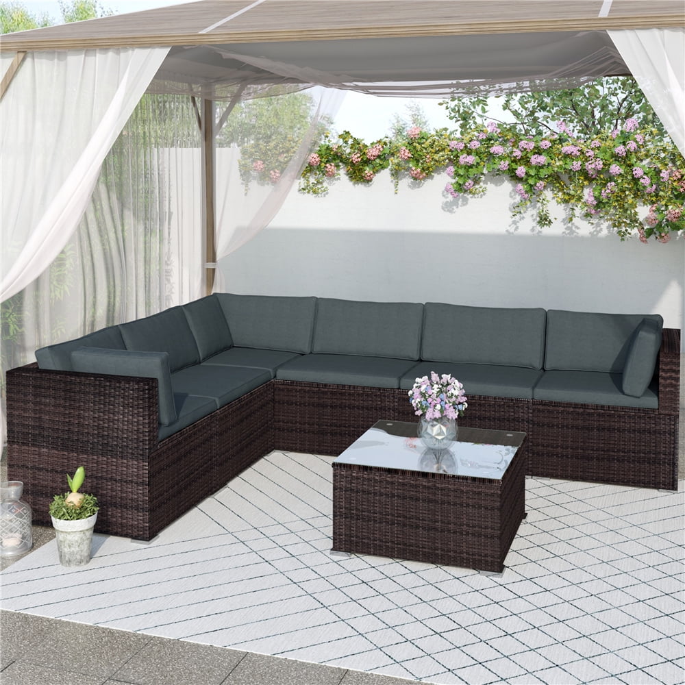 7 Piece Patio Sectional Sofa Set, All-Weather Outdoor Conversation Set