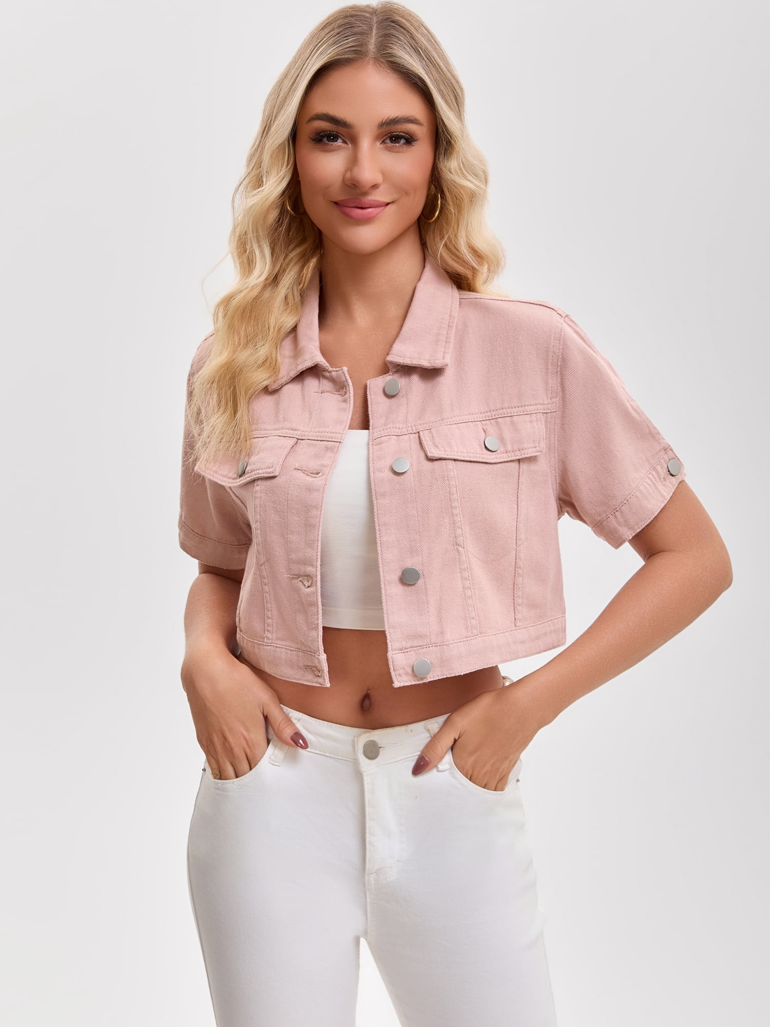 DARING DIVA Women's Short Sleeve Denim Rendy Casual Cropped Jean Jacket M Pink