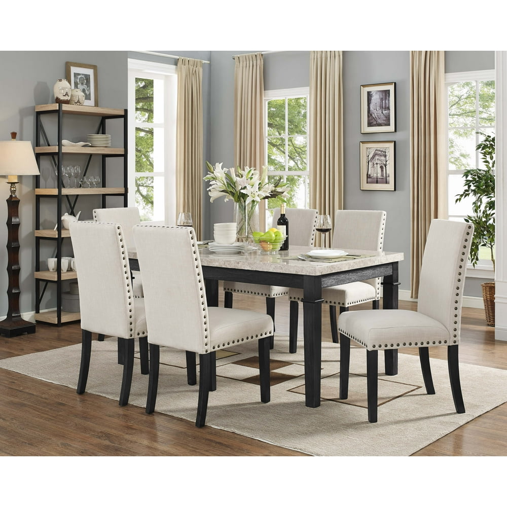 Picket House Furnishings Bradley 7-Piece Dining Set-Table & 6 Upholstered Side Chairs Dark 
