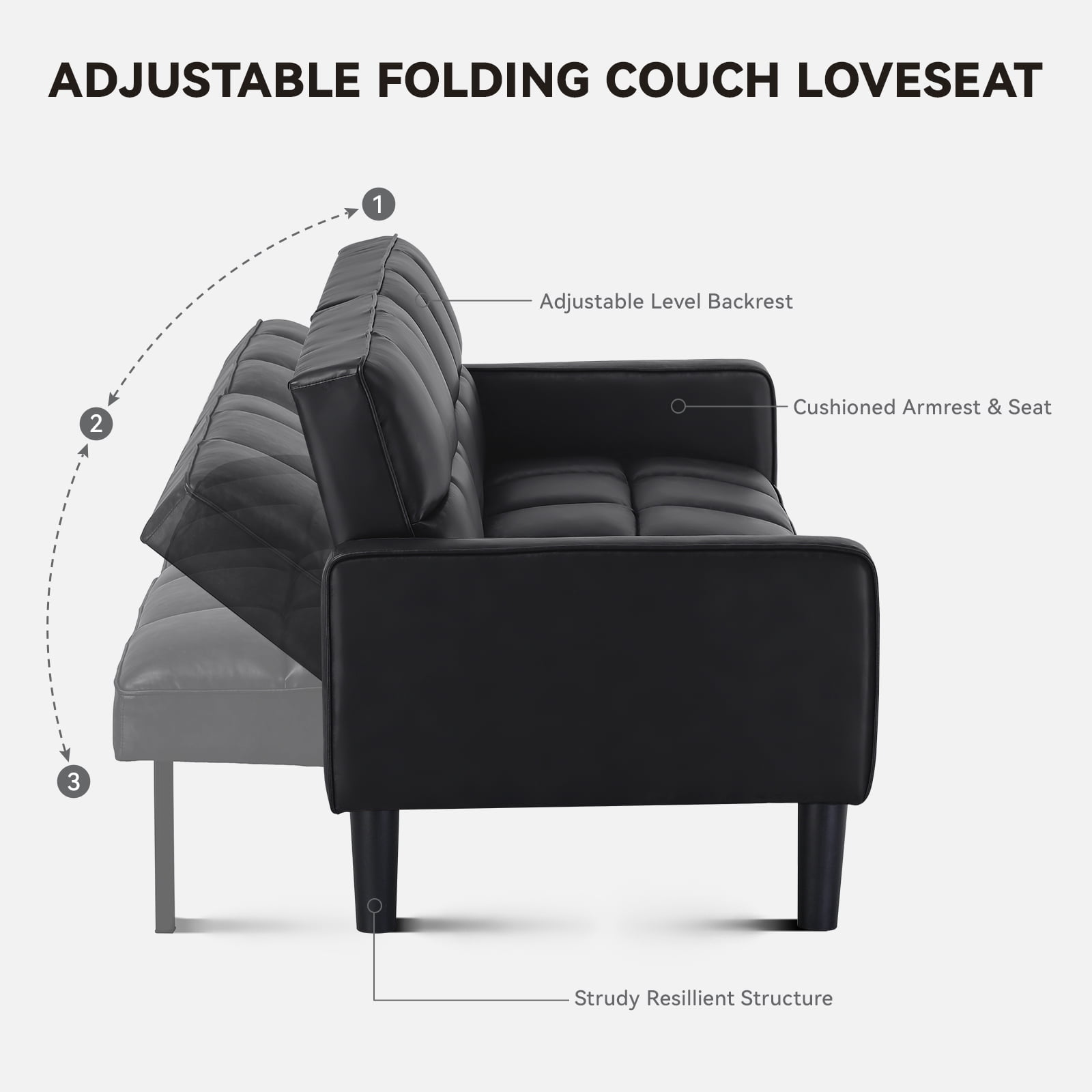 COMHOMA 76" Futon Sofa Bed PU Convertible Sofa with Adjustable Backrest Folding Sleeper Sofa,Black