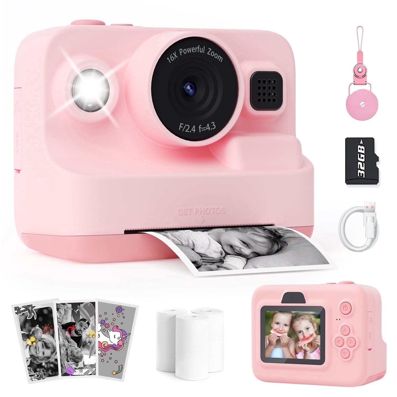Prysyed Kids Instant Print Digital Camera, 1080P HD, Pink