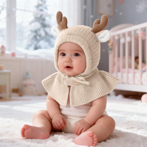 KANG Baby Knit Hat Scarf And Shawl Winter Warm Infant Cap For Boys And Girls Soft Yarn With Neck Cover Beige One Size