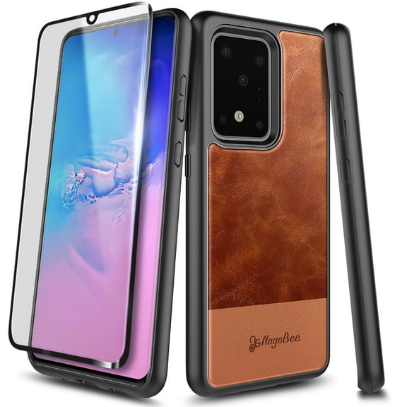 Nagebee Case for Samsung Galaxy S20 with HD Film Soft Screen Protector [Full Coverage], Premium Cowhide Leather Hybrid Defender Shockproof Durable Phone Cover