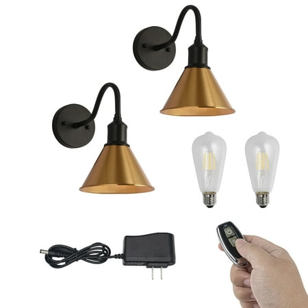 

FSLiving Rechargeable Battery Run Low-Volt Safe LED Remote Control No Cord Black Base Gold Shade Wall Light Modern Design for Children Room Corridor Dorm Reading Bulb Included - 2 Pack