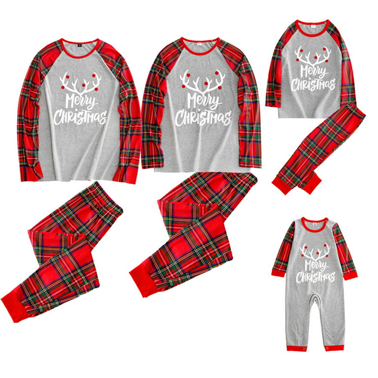  Matching Family Pajamas Sets Christmas PJs SQUAD Print Grey  Top And Plaid Bottom Sleepwear 9-12 Months