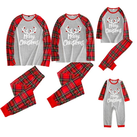 

Family Christmas Pajamas Matching Sets Cute Printed Top + Red Plaid Pants Sleepwear Holiday PJs for Women/Men/Kids/Couples /Babies photoshoot Loungewear