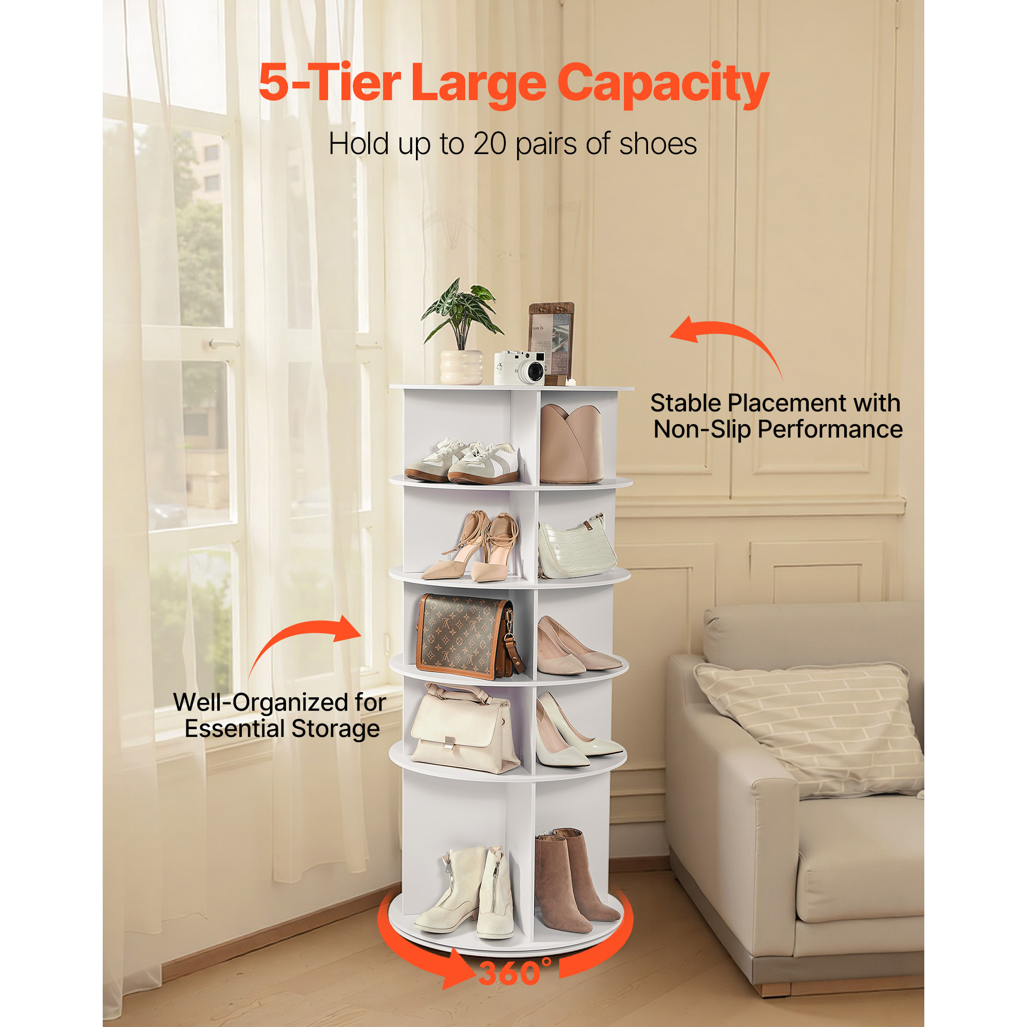 KFFKFF 5-Tier Rotating Shoe Rack Tower, 360° Spinning Organizer, Freestanding Round Carousel Storage for Shoes, Ideal for Bedroom, Living Room, Entryway, Closet, White