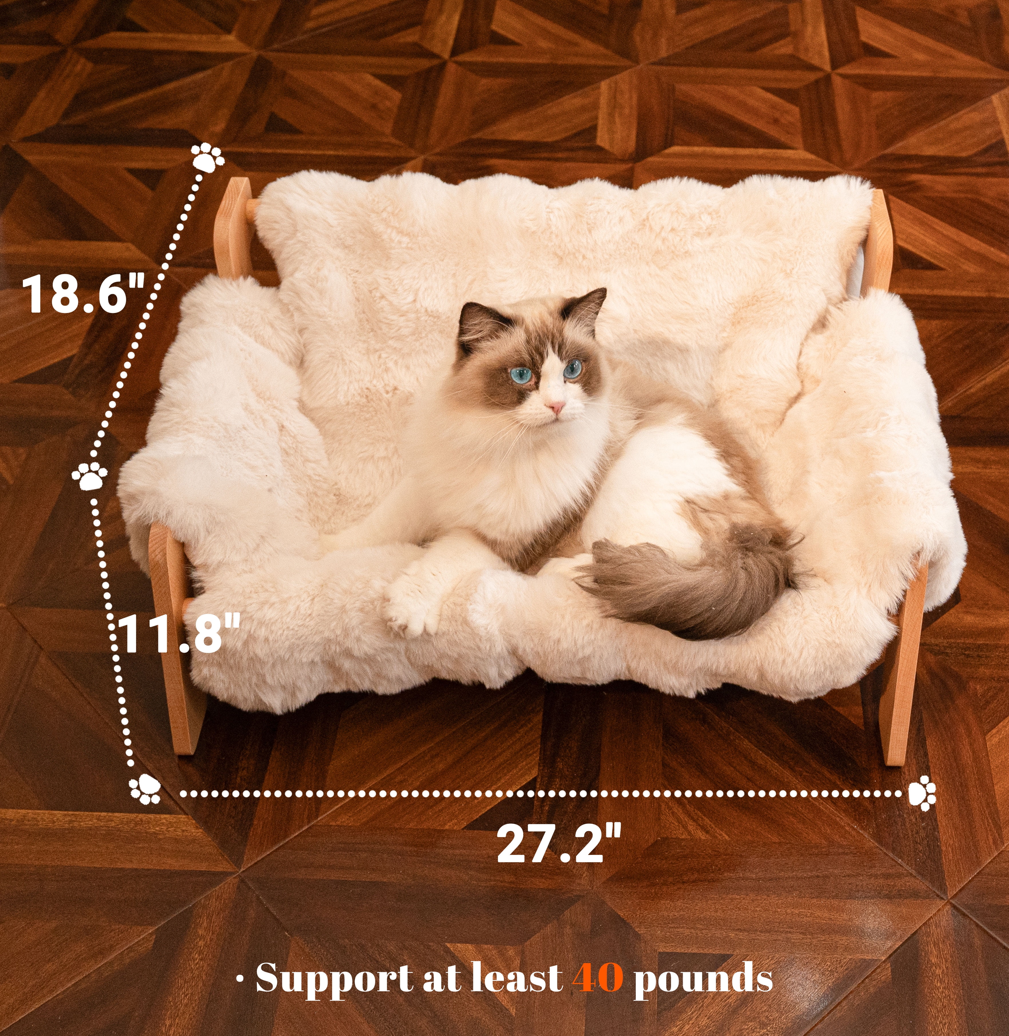 CheerPals Raised Cat Bed, Elevated Wooden Cats Sofa Fluffy Pets Lounge Chair, off-White(27.2"X18.6"X11.8)