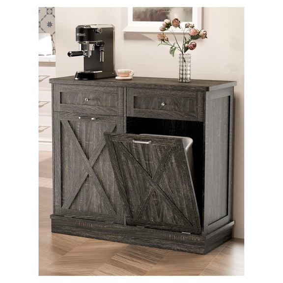Double Tilt Out Trash Can Cabinet 2 x 10 Gallon Wooden Kitchen Garbage Bin Enclosure with Barn Door Solid Top Farmhouse Storage Grey