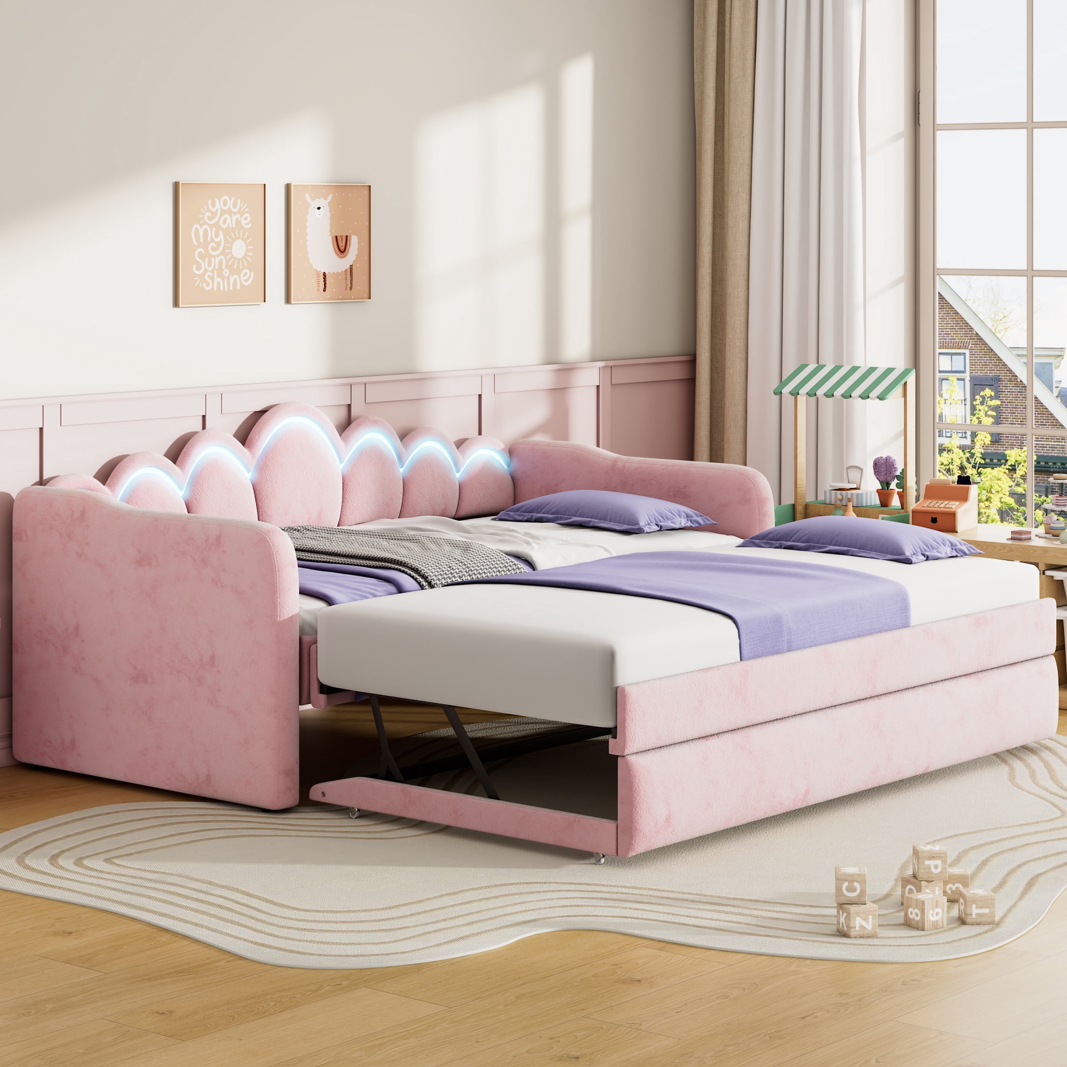 Noble House Twin XL Upholstered Velvet Daybed with LED Light and Pop-Up Height Trundle, Space Saving Design, Pink