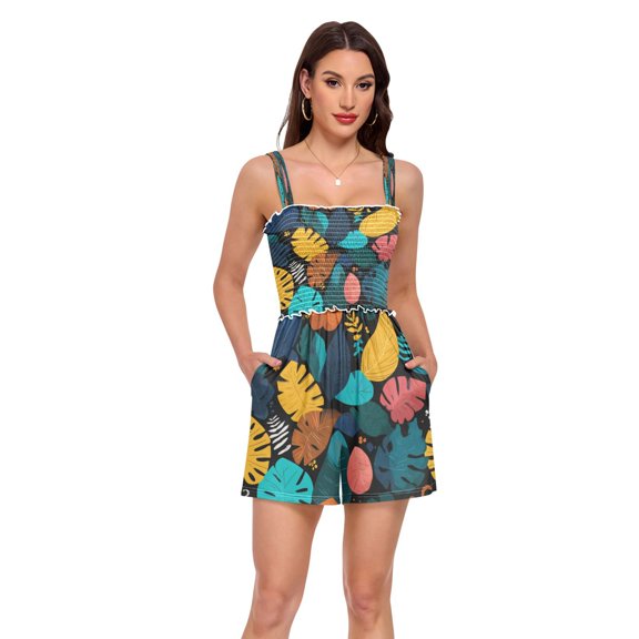 Jumpsuits for Women Casual Summer Rompers Sleeveless Strap Shorts Jumpers Tropical Leaves Pattern Small
