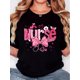 thumbnail image 1 of Camiseta negra "Nurse" para mujer con estampado de leopardo rosa, lazo y detalles de corazón. Camiseta informal, cómoda, de manga corta y cuello redondo para primavera/verano., 1 of 6
