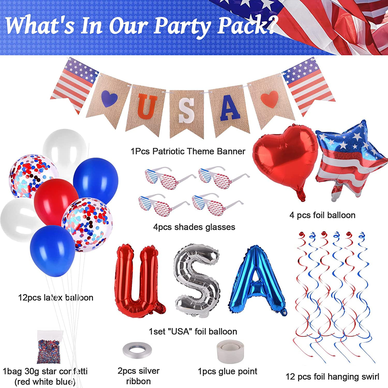 6 Hanging Swirls for Independence Day 4th of July Patriotic Decorations Set 12 Cake Topper 4 Confetti Balloons EBANKU American Flag Party Supplies USA Flag 4 July Banners 